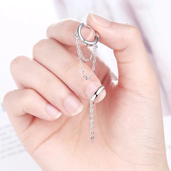 *925 Sterling Silver Huggie Hoop Chain Earrings - Picture 3 of 6